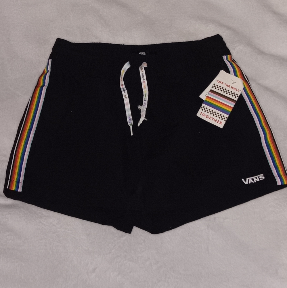 New Vans Pride 22 Rainbow Stripe Black Woven Shorts LGBTQIA LGBTQ